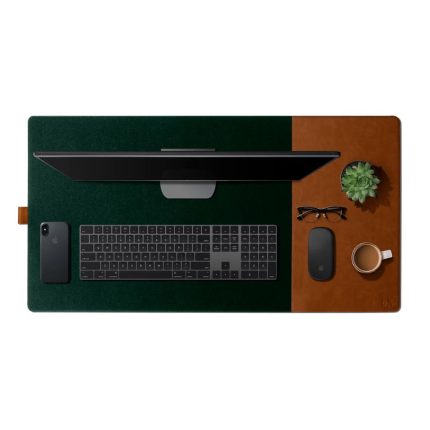 Turf 2.0 desk mat in green — laptop and keyboard on the felt zone, mouse and keys on the tan vegan leather zone