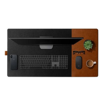 Turf 2.0 desk mat in grey — laptop and keyboard on the felt zone, mouse and keys on the tan vegan leather zone