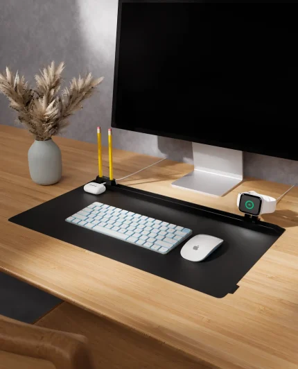 Black Snap On Organiser Desk Mat with Cable Holder + Apple Watch Charging Stand