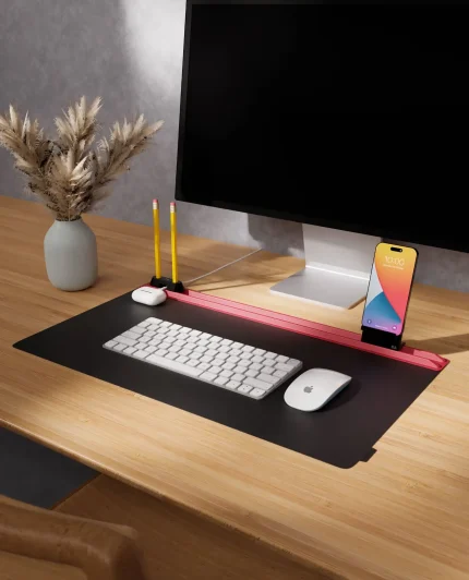 Red-Black Snap On Organiser Desk Mat with Cable Holder + Phone Mount