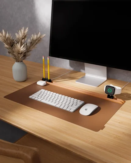 Tan-Brown Snap On Organiser Desk Mat with Cable Holder + Apple Watch Charging Stand