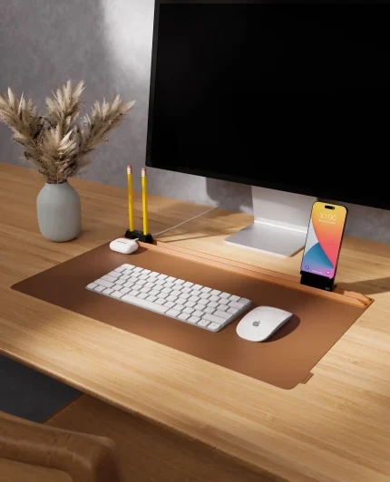 Tan-Brown Snap On Organiser Desk Mat with Cable Holder + Phone Mount