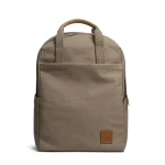 Khaki Beige Field Daypack — canvas daypack with a top handle and leather logo patch, shown on white