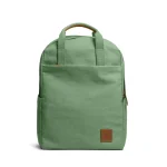 Mint Green Field Daypack — canvas daypack with a top handle and leather logo patch, shown on white
