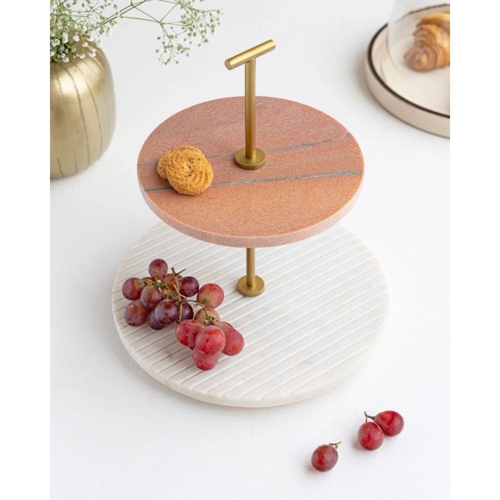 6 Two-tier platter with a white marble base, wood upper tier and brass centre post, styled with fruit