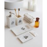 White mother of pearl bathroom set — soap dispenser, tray and holders with floral inlay