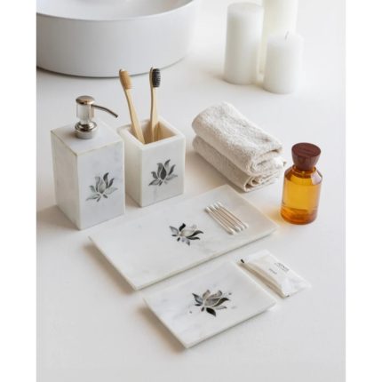 White mother of pearl bathroom set — soap dispenser, tray and holders with floral inlay