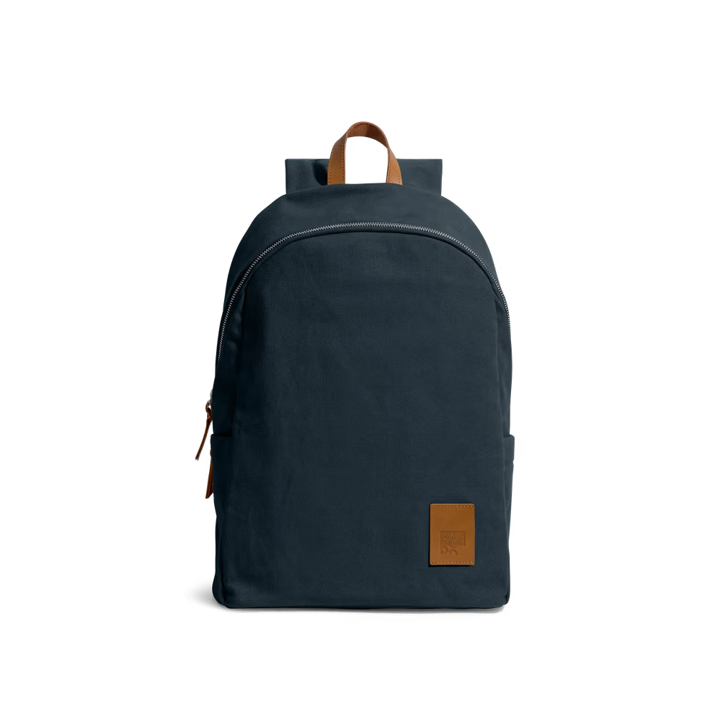All-Blue-Pedal-Daypack-vw Navy Pedal Daypack by DailyObjects — front view, pure cotton canvas with leather trim