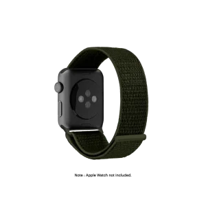Army Green Nylon Apple Watch band fitted to an Apple Watch, shown on white — fits 38/40/41 mm cases, watch not included