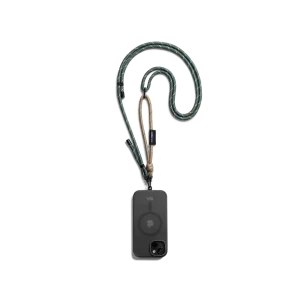 Beige-Green Crossbody Phone Lanyard - Cord attached to a black phone case, shown hanging against a white background