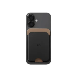 Black-Beige Leather MagSafe Card Wallet attached to the back of a black iPhone, shown on white