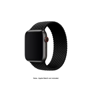 Black Braided Solo Loop Apple Watch band fitted to an Apple Watch, shown on white — fits 42/44/45/49 mm cases, watch not included