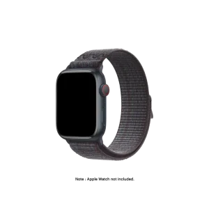 Black-Grey Sports Loop Apple Watch band fitted to an Apple Watch, shown on white — fits 42/44/45/46/49 mm cases, watch not included