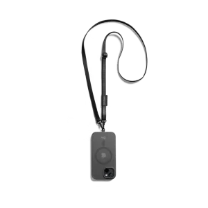 Black Leather Crossbody Phone Lanyard - Strap attached to a black phone case, shown hanging against a white background