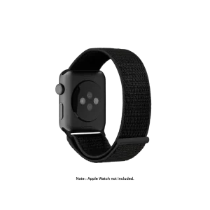 Black Nylon Apple Watch band fitted to an Apple Watch, shown on white — fits 38/40/41 mm cases, watch not included