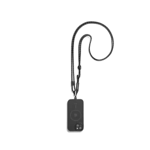 Black Reflective Crossbody Phone Lanyard - Cord attached to a black phone case, shown hanging against a white background