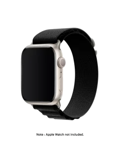Black Ridge Loop Apple Watch band fitted to an Apple Watch, shown on white — watch not included