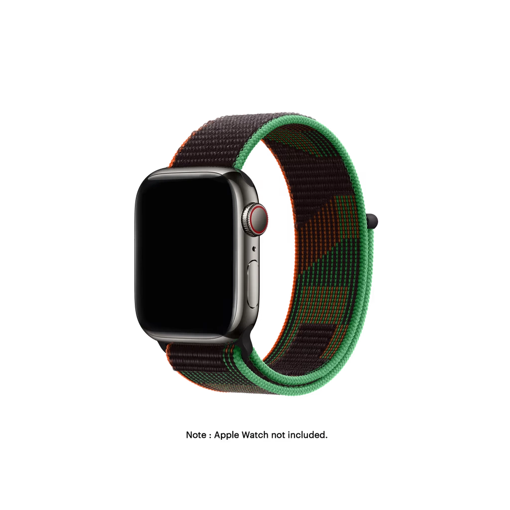 Black-Unity-Nylon-Loop-Apple-WatchBand Black Unity Nylon Loop Apple Watch band fitted to an Apple Watch, shown on white — fits 42/44/45/49 mm cases, watch not included