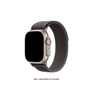 Blue-Black Pull Tab Nylon Weave Apple Watch band fitted to an Apple Watch, shown on white — fits 42/44/45/49 mm cases, watch not included