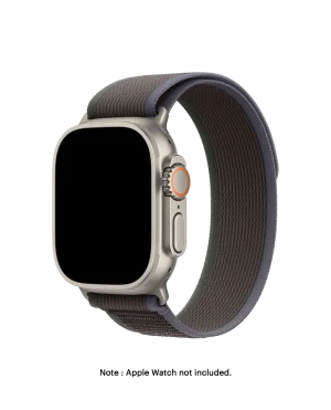 Blue-Black Pull Tab Nylon Weave Apple Watch band fitted to an Apple Watch, shown on white — watch not included