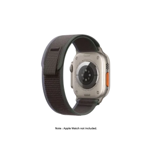 Blue-Black Pull Tab Nylon Weave Apple Watch band fitted to an Apple Watch, shown on white — fits 38/40/41 mm cases, watch not included