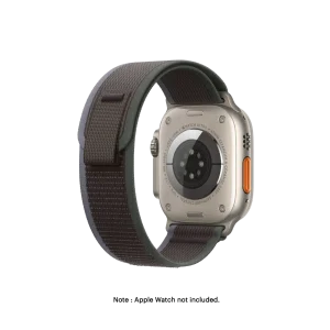 Blue-Black Pull Tab Nylon Weave Apple Watch band fitted to an Apple Watch, shown on white — watch not included