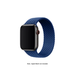 Blue Braided Solo Loop Apple Watch band fitted to an Apple Watch, shown on white — fits 42/44/45/49 mm cases, watch not included