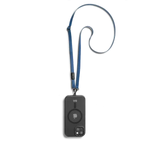 Blue Leatherite Crossbody Phone Lanyard - Strap attached to a black phone case, shown hanging against a white background