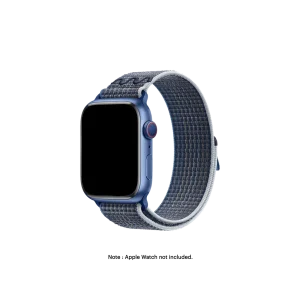 Blue-Grey Sports Loop Apple Watch band fitted to an Apple Watch, shown on white — watch not included