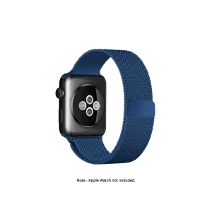 Blue Magnetic Milanese Loop Apple Watch band fitted to an Apple Watch, shown on white — fits 38/40/41 mm cases, watch not included