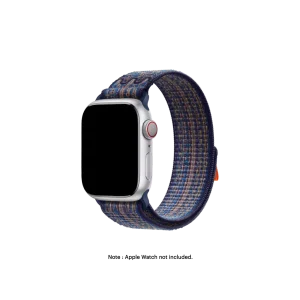 Blue-Orange Sports Loop Apple Watch band fitted to an Apple Watch, shown on white — watch not included