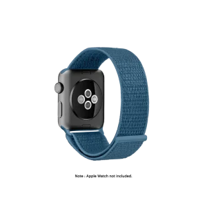 Cape Cod Blue Nylon Apple Watch band fitted to an Apple Watch, shown on white — fits 42/44/45/49 mm cases, watch not included