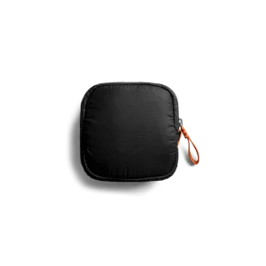 Carbon Black Easy Square Pouch Bag — square zip pouch with a leather pull tab, shown on white