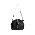 Carbon Black Pass Satchel Bag with a drawstring top and wide crossbody strap, shown on white