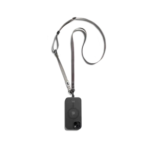 Charcoal-Grey Crossbody Phone Lanyard - Strap attached to a black phone case, shown hanging against a white background