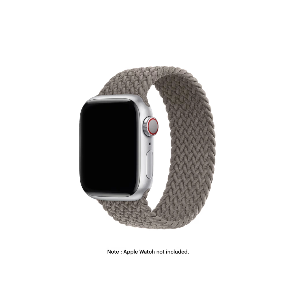 Clay-Braided-Solo-Loop-Apple-WatchBand Clay Braided Solo Loop Apple Watch band fitted to an Apple Watch, shown on white — fits 42/44/45/49 mm cases, watch not included