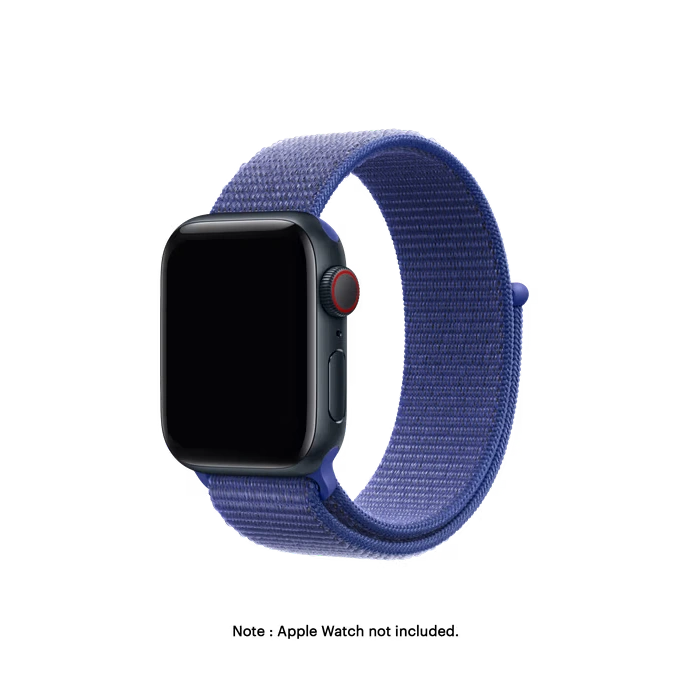 Cobalt-Blue-Nylon-Loop-Apple-WatchBand Cobalt Blue Nylon Loop Apple Watch band fitted to an Apple Watch, shown on white — fits 38/40/41 mm cases, watch not included
