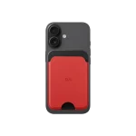 Crimson-Grey Leather MagSafe Card Wallet attached to the back of a black iPhone, shown on white