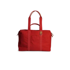 Crimson Red Field Duffle Bag — canvas duffle with leather trim and twin handles, shown on white