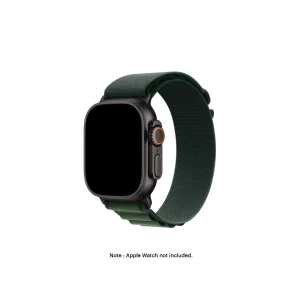 Dark Green Ridge Loop Apple Watch band fitted to an Apple Watch, shown on white — watch not included