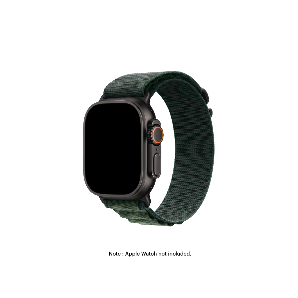 Dark-Green-Ridge-Loop-Apple-WatchBand-2n Dark Green Ridge Loop Apple Watch band fitted to an Apple Watch, shown on white — watch not included