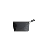 Dark Grey Flash Pouch Bag — small zip pouch with a leather pull, shown on white