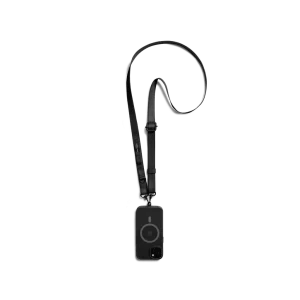 Dark Grey Strobe Lanyards attached to a black phone case, shown hanging against a white background