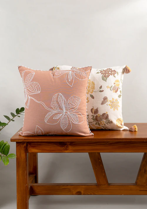 Yellow Dwelling Embrose Embroidered 100% Cotton floral Design Cushion Cover for Sofa – Rust