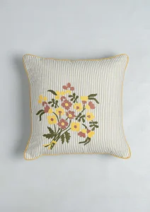 Yellow Dwelling Floret Embroidered Floral 100% Cotton Cushion Cover for Sofa - Multicolor