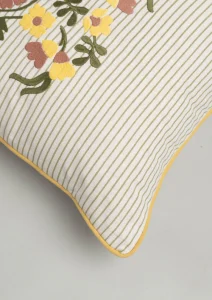 Yellow Dwelling Floret Embroidered Floral 100% Cotton Cushion Cover for Sofa - Multicolor