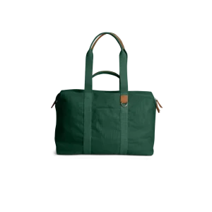 Forest Green Field Duffle Bag — canvas duffle with leather trim and twin handles, shown on white