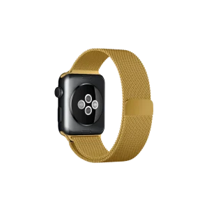 Gold Magnetic Milanese Loop Apple Watch band fitted to an Apple Watch, shown on white — fits 42/44/45/49 mm cases, watch not included