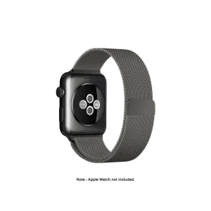 Graphite Magnetic Milanese Loop Apple Watch band fitted to an Apple Watch, shown on white — fits 42/44/45/49 mm cases, watch not included