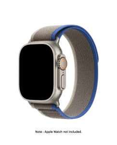 Gray-Ink Blue Pull Tab Nylon Weave Apple Watch band fitted to an Apple Watch, shown on white — watch not included